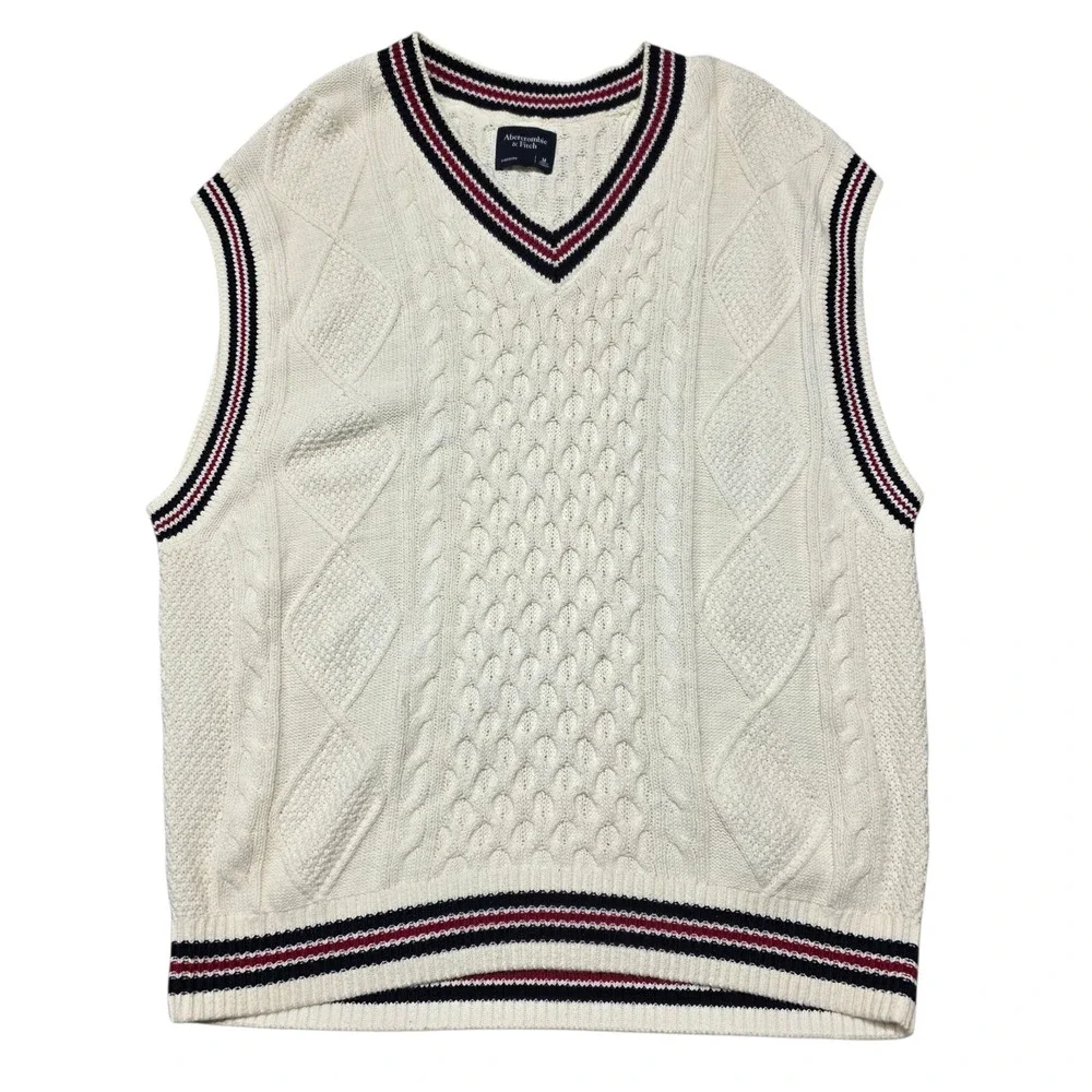 Abercrombie & Fitch Sweater Vest Ivory Cable Knit Oversized V Neck Womens M - Picture 1 of 6